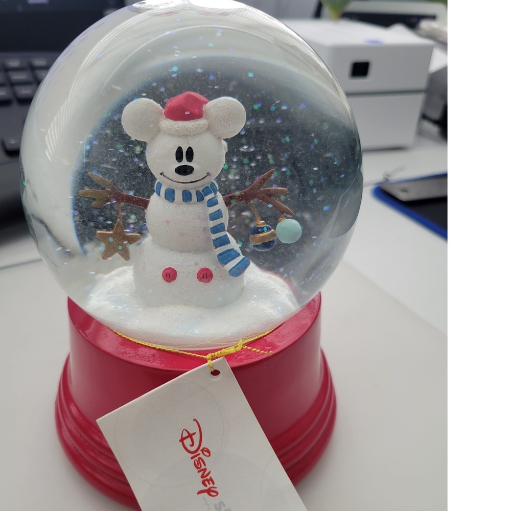 Disney Store Mickey Mouse Snowman Snow Globe Christmas Holiday Red Base New